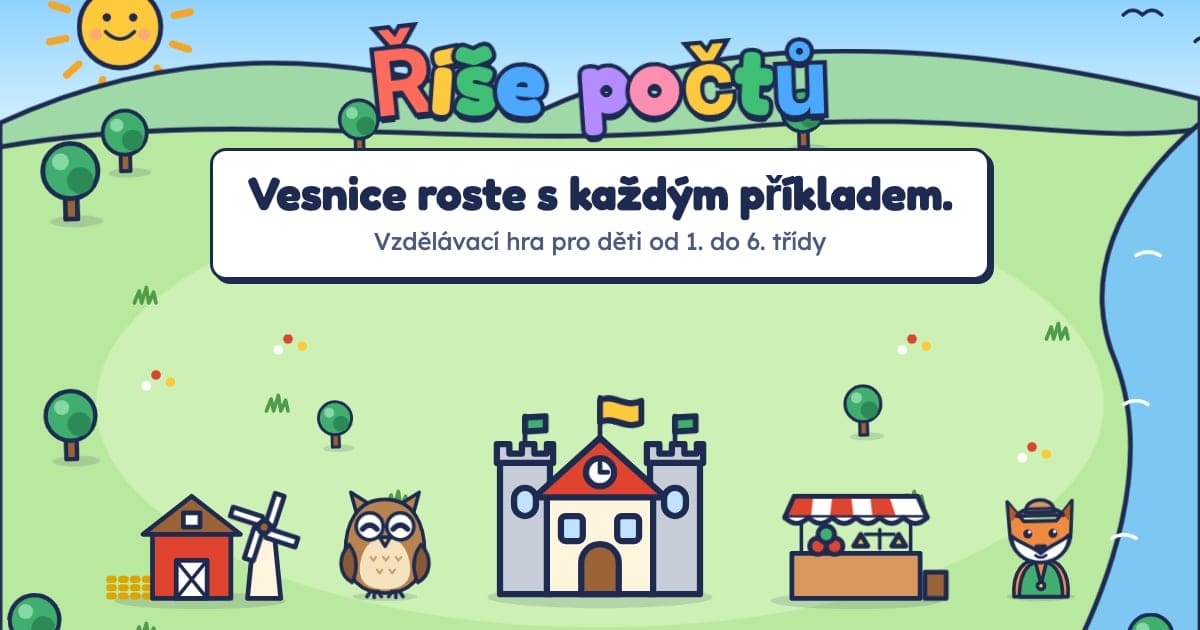 Logo Říše počtů nad kreslenou vesnicí s radnicí, statkem, mlýnem, tržištěm, sovou a liškou